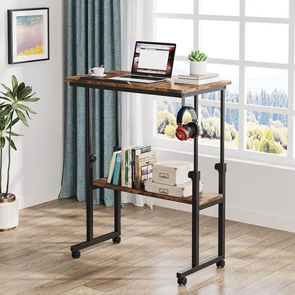 Small Portable Rolling Computer Desk Height Adjustable Standing Table, Brown - LeafyLoom