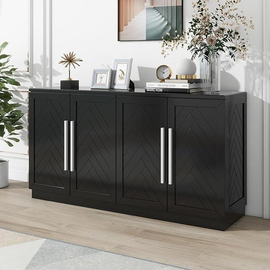 Wooden Sideboard with 4 Doors Large Storage Space,Buffet Cabinet,W/Adjustable Shelves and Silver Handles,Wear-Resistant Performance,for Kitchen,Dining Room,Hallway,Black, 60" - LeafyLoom