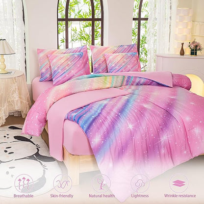 Full Size Bedding Sets Kids Bedding Sets for Girls,Galaxy Bedding 7pieces Glitter Pink Comforter, Colorful Comforter Full Size Comforter Sets for Teen Girls - LeafyLoom