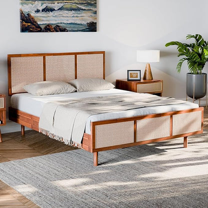 Bme Nancy Signature Bed Frame, Queen Bed Frame and Headboard Unique Geometric, Mid Century Modern, Solid Acacia Wood, No Box Spring Needed, 12 Strong Wood Slats Support, Easy Assembly, Dark Chocolate - LeafyLoom