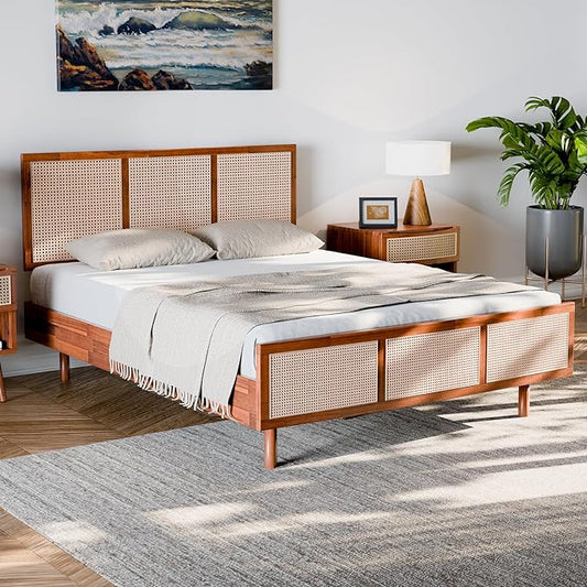 Bme Nancy Signature Bed Frame, Queen Bed Frame and Headboard Unique Geometric, Mid Century Modern, Solid Acacia Wood, No Box Spring Needed, 12 Strong Wood Slats Support, Easy Assembly, Dark Chocolate - LeafyLoom