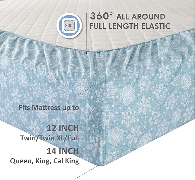 Comfort Spaces Cotton Flannel Breathable Warm Deep Pocket Sheets with Pillow Case Bedding, Queen, Blue Snowflakes 4 Piece - LeafyLoom