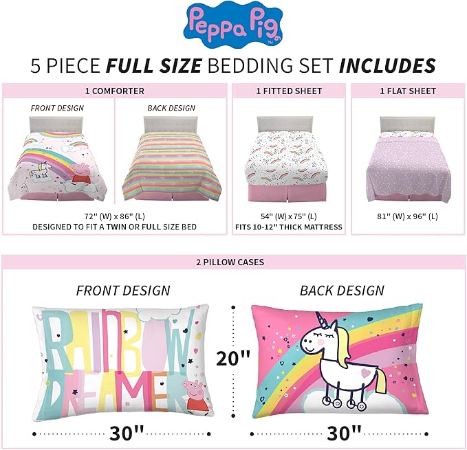 Franco Kids Bedding Super Soft Comforter and Sheet Set, 5 Piece Full Size, Peppa Pig - LeafyLoom