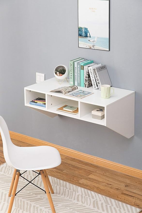 Wall Mounted Office Computer Desk with Three Compartments, White - LeafyLoom