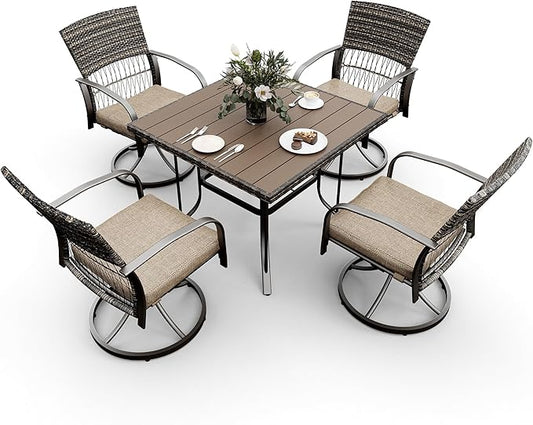 Pamapic 5 Piece Patio Dining Set for 4,Wicker Outdoor Furniture Set for Backyard Garden Deck Poolside with Square Plastic-Wood Table Top,4 Cushions Swivel Rocker Chairs,Removable Cushions(Beige) - LeafyLoom