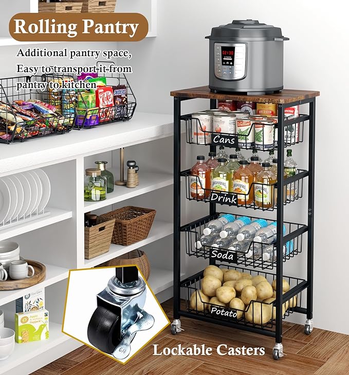 Fruit Basket, 5-Tier Utility Kitchen Organizer and Storage Cart with Pull-Out Baskets and Wood Top, Rolling Pantry Kitchen Cart on Wheels for Fruit Potato Onion Vegetable Snack Produce - LeafyLoom