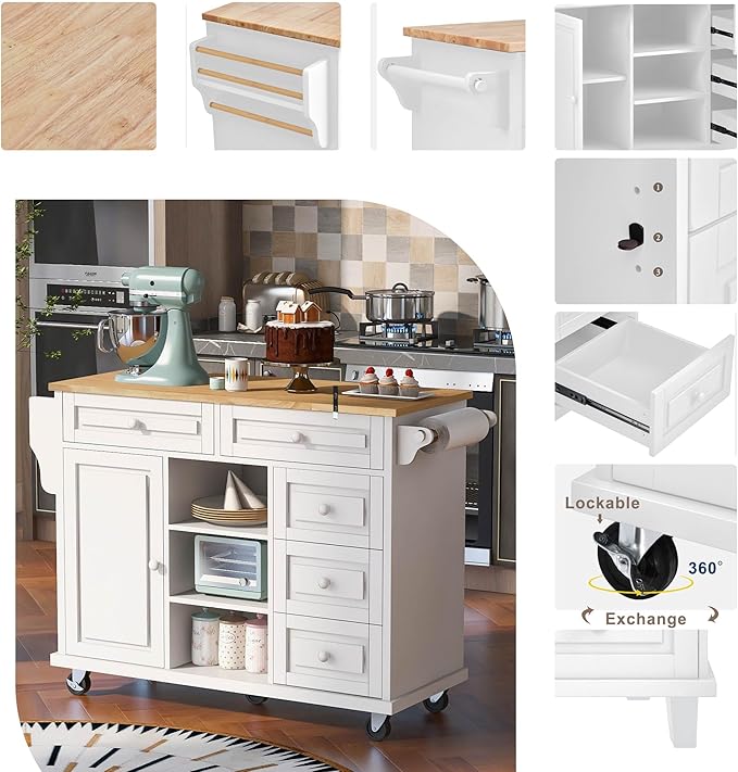 Kitchen Island with Storage Cabinets, Rolling Mobile Kitchen-cart w/Rubber Wood Desktop and 5 Drawers & Open Shelves, Sideboard for Dining Room, Home Bar - LeafyLoom