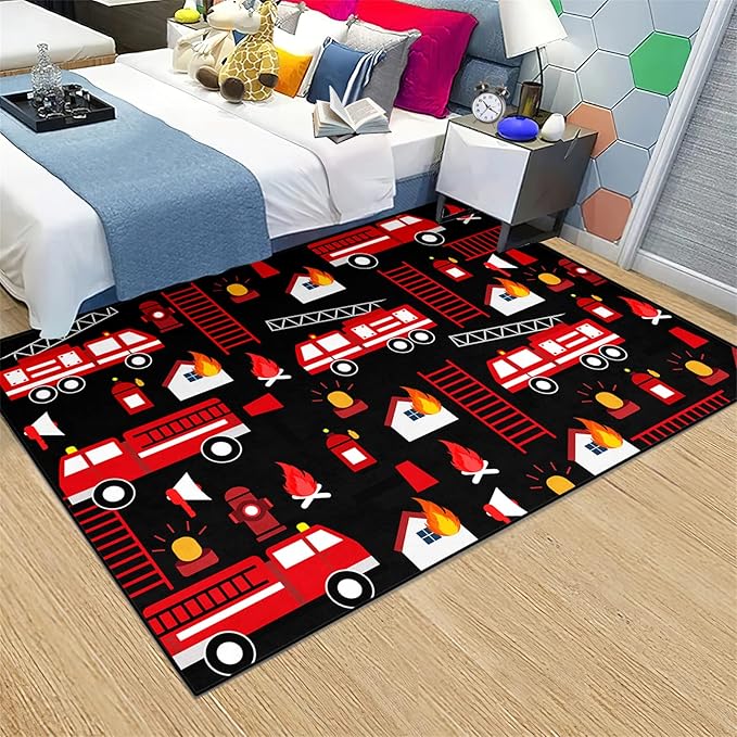 Car Play Rug Fire Fighting Truck Area Rug Car Rug Play Mat Kids Rugs for Playroomcar Rug for Boys Room Carpet Floor Mat for Bedroom Living Room,Black 5'×7' - LeafyLoom