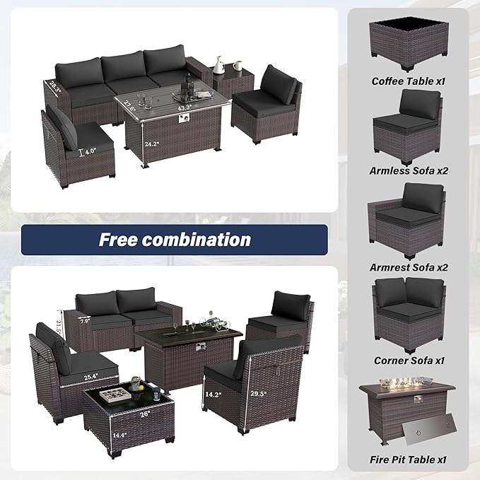 Patio Furniture Sectional Sofa Set 7-Pieces PE Rattan Patio Conversation Set w/43in Gas Fire Pit Table, Outdoor Furniture with 55000 BTU Propane Fire Pit, Black - LeafyLoom