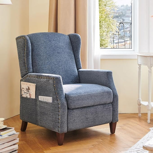 COLAMY Wingback Pushback Recliner Storage Pocket Upholstered Fabric Living Room Chair Armchair, with Wood Legs and Nailhead Trim, Dark Blue - LeafyLoom