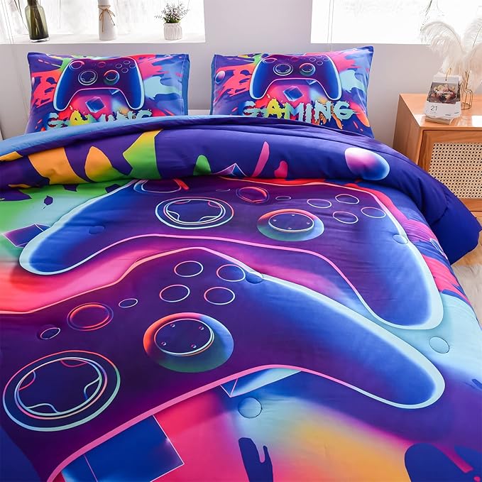 Aimuan Gaming Comforter Sets for Boys Kids Bedding Sets Video Games Console Action Buttons Novelty Colorful Game Gamepad Controller Modern Gamer Room Decor Home Quilt Set (Twin, Purple) - LeafyLoom