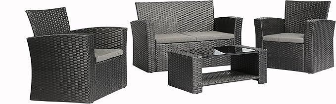 4 Pieces Outdoor Furniture Complete Patio Cushion Wicker P.E Rattan Garden Set, Full, Black - LeafyLoom