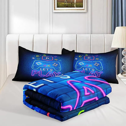 6 PCS Gamer Queen Comforter Sets,Queen Bedding Sets for Boys,Gaming Comforter Set,Queen Size Bedding Sets for Boys,Bed in A Bag with Sheets(Queen,Blue Color) - LeafyLoom