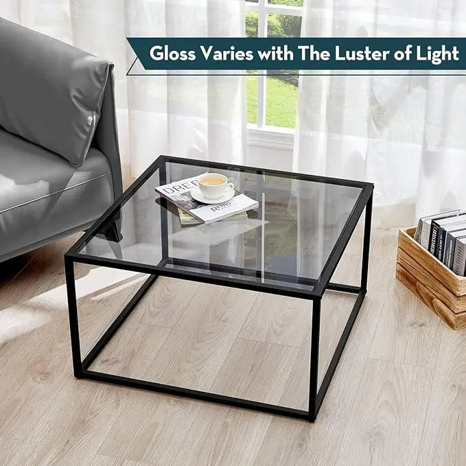 SAYGOER Glass Coffee Table, Small Modern Coffee Table Square Simple Center Tables for Living Room 26.7 x 26.7 x 15.7 Inches, Gray Black - LeafyLoom