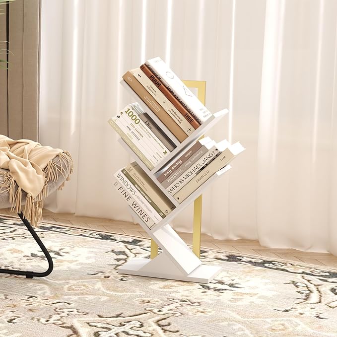 Yusong Tree Bookshelf, 5-Tier Small Bookcase with Metal Frame, Geometric Floor Standing Books Shelves Wooden Shelf for Office Desk Bedroom Tabletop Living Room White - LeafyLoom