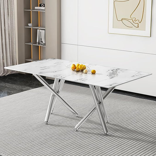 NicBex Large Modern Simple Rectangular Glass Dining Table for 6-8 People with 0.39-Inch White Imitation Marble Desktop and Silver Metal Legs for Banquet Hall, White Marble + Silver - LeafyLoom