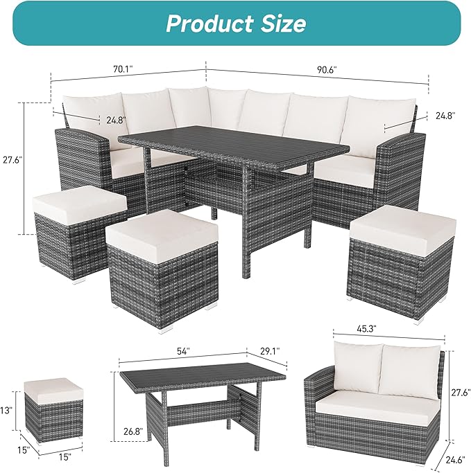 IDEALHOUSE 7 Pieces Outdoor Dining Set,Patio Sectional Sofa Conversation Set All Weather Wicker Rattan Couch Dining Table & Chair with Ottoman Beige - LeafyLoom