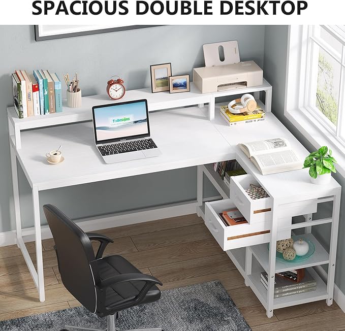 Reversible L-Shaped Computer Desk with hutch & Shelf,white - LeafyLoom