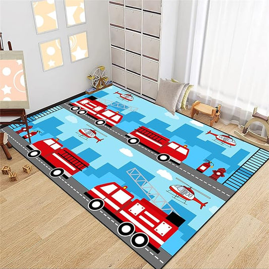 Car Rug Play Mat Car Rug Play Mat Car Rug for Boys Room Fire Fighting Truck Red Car Printed Rug Play Rug for Cars and Trucks Play Rugs for Kids Rooms,Light Blue 3'×5' - LeafyLoom