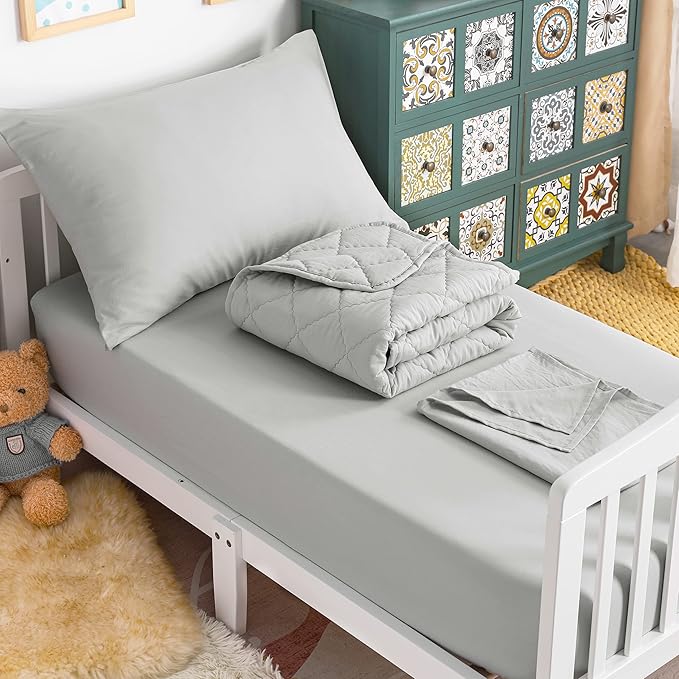 NTBAY Toddler Bedding Set - 4 Piece Soft and Breathable Crib Bedding Set for Boys and Girls, Includes Quilted Comforter, Fitted Sheet, Flat Top Sheet and Envelope Pillowcase, Light Grey - LeafyLoom