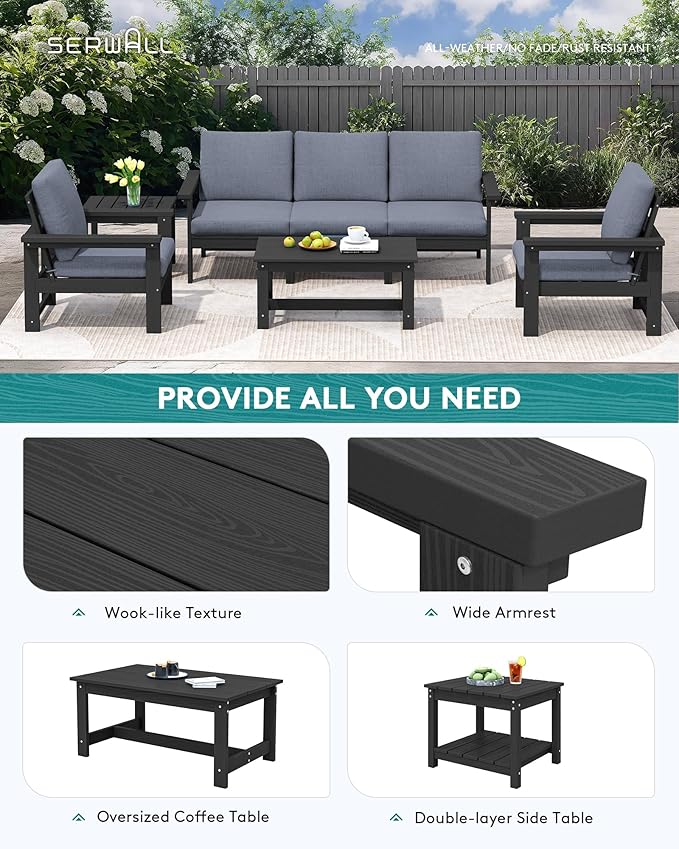 SERWALL HDPE Patio Coversation Set, 7-piece Outdoor Sectional Sofa Set, All Weather Patio Couch Set Patio Furniture for Balcony, Deck, Black Frame with Grey Cushion - LeafyLoom