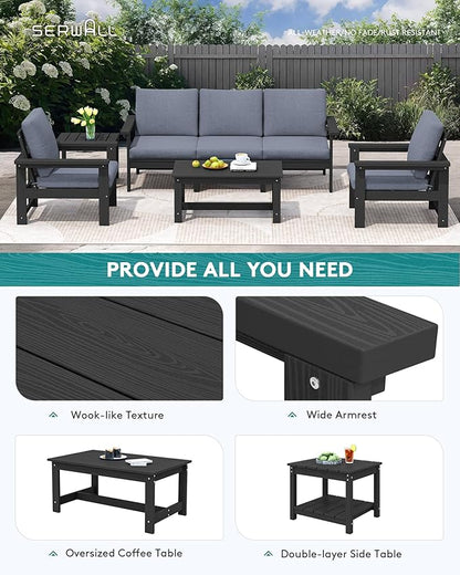 SERWALL HDPE Patio Coversation Set, 7-piece Outdoor Sectional Sofa Set, All Weather Patio Couch Set Patio Furniture for Balcony, Deck, Black Frame with Grey Cushion - LeafyLoom