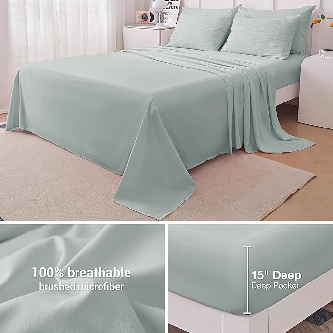 8 Piece Woven Texture Sage Green Comforter Set Queen, Bed in A Bag Bedding Sets Queen with Comforter and Sheets, Soft Lightweight Comforter Set with Deocor Throw Pillow, Green - LeafyLoom