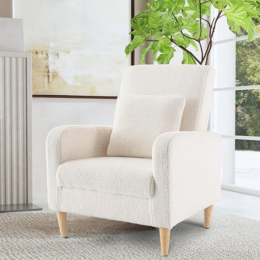 COLAMY Sherpa Upholstered Accent Chair Armchair with Pillow, Fabric Reading Living Room Side Chair,Single Sofa with Lounge Seat and Wood Legs, Cream - LeafyLoom