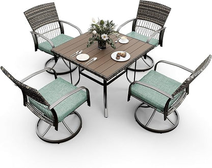 Pamapic 5 Piece Patio Dining Set for 4,Wicker Outdoor Furniture Set for Backyard Garden Deck Poolside with Square Plastic-Wood Table Top,4 Cushions Swivel Rocker Chairs,Removable Cushions(Green) - LeafyLoom