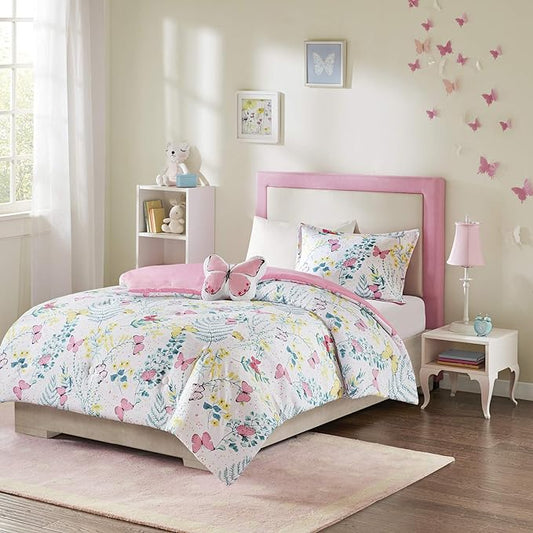 Mi Zone Kids Cynthia Comforter for Girls Microfiber Animal Butterfly Print, Modern All Season Down Alternative Kids Bed Set, Matching Sham, Decorative Pillow, Full/Queen, Pink 4 Piece - LeafyLoom