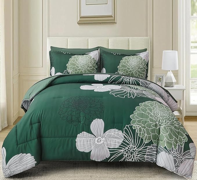 Yiran 7 Pieces Queen Floral Comforter Set,Emerald Green Bed in a Bag Flowers Comforter,Soft Microfiber Bedding Set with Comforter, Sheets, Pillowcases & Shams 90"×90" - LeafyLoom