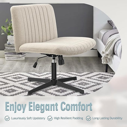 Armless Office Chair no Wheels, Ergonomic Wide Seat Swivel Desk Chair, Height Adjustable Cross Legged Comfortable Computer Chair for Living Room, Vanity Accent Chair Beige - LeafyLoom