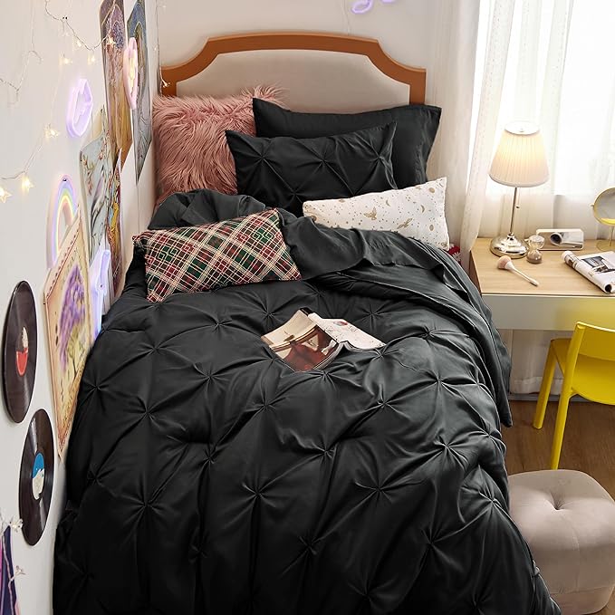 Bedsure Black Twin Comforter Set with Sheets - 5 Pieces Twin Bedding Sets, Pinch Pleat Twin Bed in a Bag with Comforter, Sheets, Pillowcase & Sham - LeafyLoom