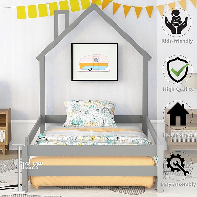 Bellemave Twin Size House-Shaped Headboard Floor Bed with Fences, Wooden Montessori Bed for Kids,House Bed Twin Frame for Girls,Boys (Gray) - LeafyLoom