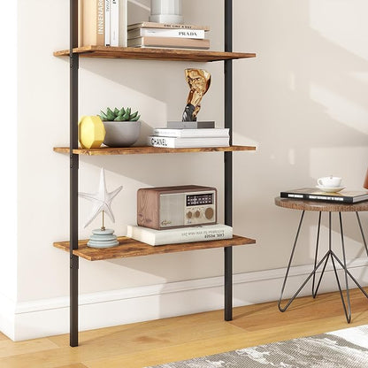 Panana Industrial 5 Tier Ladder Shelf, Open Space Book Shelf Wall Mount Bookshelf with Metal Frame Sturdy Bookcase for Living Room (Brown, 5 Tier) - LeafyLoom