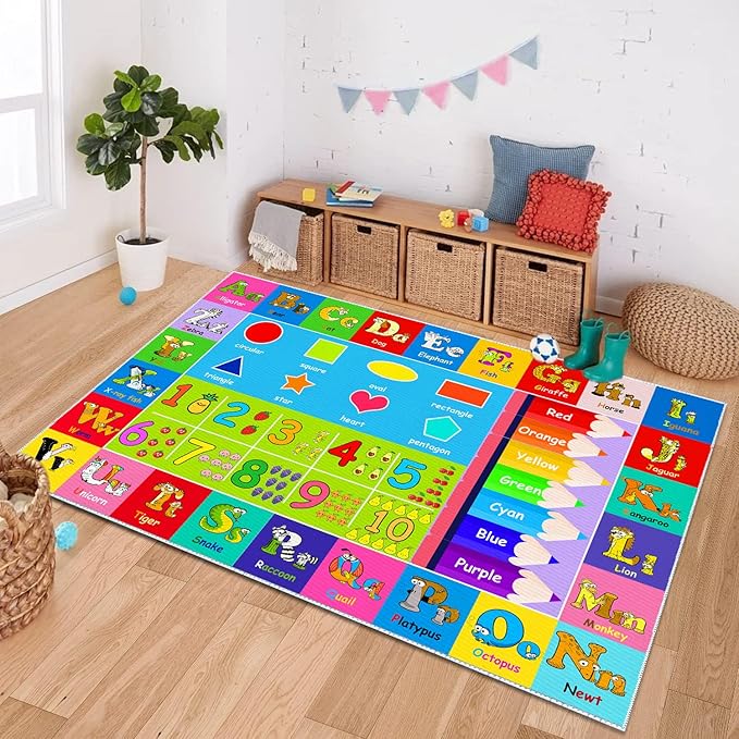 Kids Alphabet Play Game Rug - 3' 3" x 5' 3" ABC Numbers and Shapes Educational Learning Toddler Carpet - Kids Room Playroom Classroom Kindergarten Activity Fun Soft Non-Slip Mat - LeafyLoom