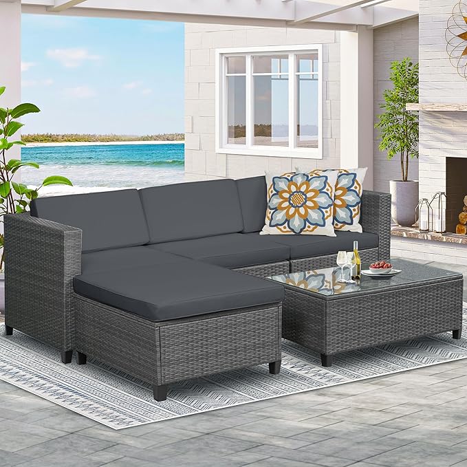 5 Piece Outdoor Patio Sectional Furniture Set, Weather Resistant Rattan Outside Couch, Waterproof Conversation Sofa for Balcony, Porch, Backyard, Deck, Garden, Grey - LeafyLoom