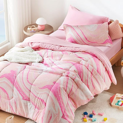 SLEEP ZONE Kids Bedding Comforter Set Full/Queen Size - 7 Pieces Super Cute & Soft Bedding Sets & Collections with Comforter, Sheet, Pillowcase & Sham - Fade Resistant Easy Care (Ice Cream Pink) - LeafyLoom