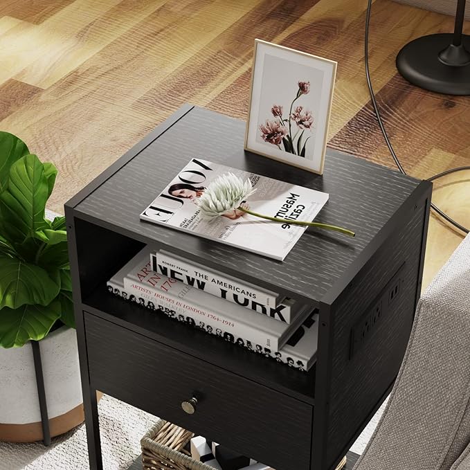 LDTTCUK Nightstand with Charging Station, Modern End Table with Drawer, Bedside Table with Open Storage for Bedroom,Black - LeafyLoom