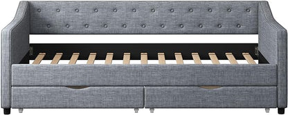 Twin Size Upholstered Daybed with 2 Drawers,Wood Sofa Bed Frame W/Button Tufted Backrest and Waved Shape Arms,Slats Support,Linen Fabric Day Bed,for Bedroom,Living Room,Apartment,Light Gray - LeafyLoom