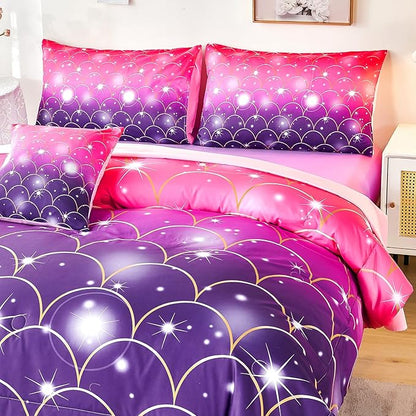 URBONUR Purple Glitter Comforter Set Queen Size for Girls 6 Piece Bed in A Bag Comforter with Sheets Set, Gradient Pink Purple Sparkle Mermaid Fish Scales Bedding Comforter Set - LeafyLoom