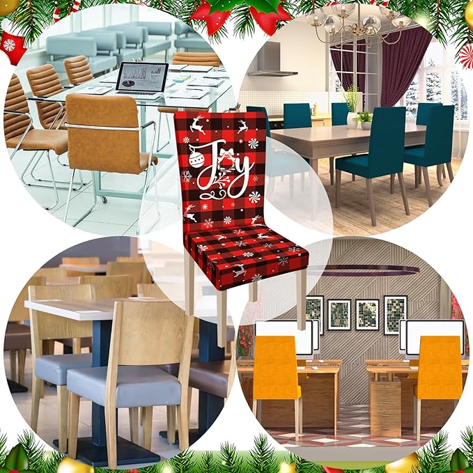 Ganeen 6 Pcs Christmas Chair Covers Merry Christmas Chair Back Cover Stretch Christmas Seat Cover Washable Xmas Dining Chair Protector Slipcover for Dining Room Kitchen Holiday Party(Plaid Style) Ganeen