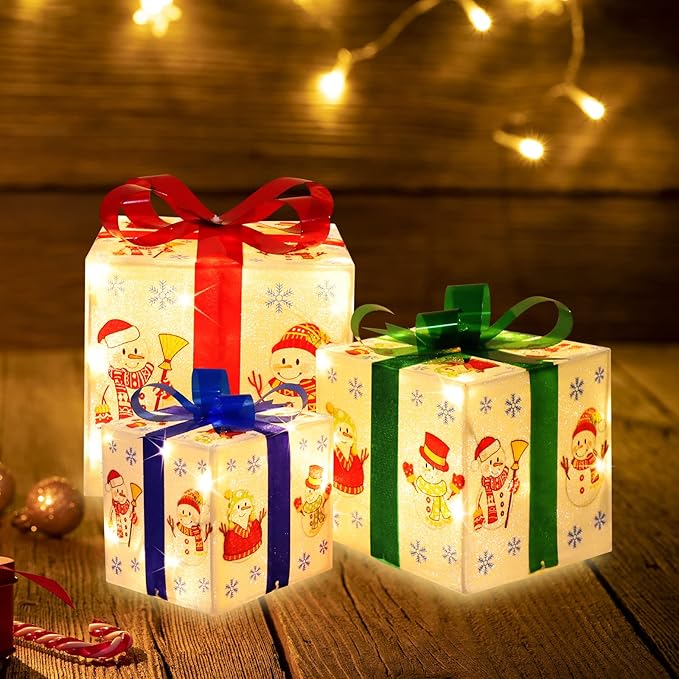 [Large 8.5"x7"x6" Christmas Set of 3 Lighted Gift Boxes Decorations Pre-lit 70 Super-Bright LED with Flashers,for Indoor Outdoor Christmas Tree Skirt Ornament Pathway Holiday Party Home GLOWNOVA