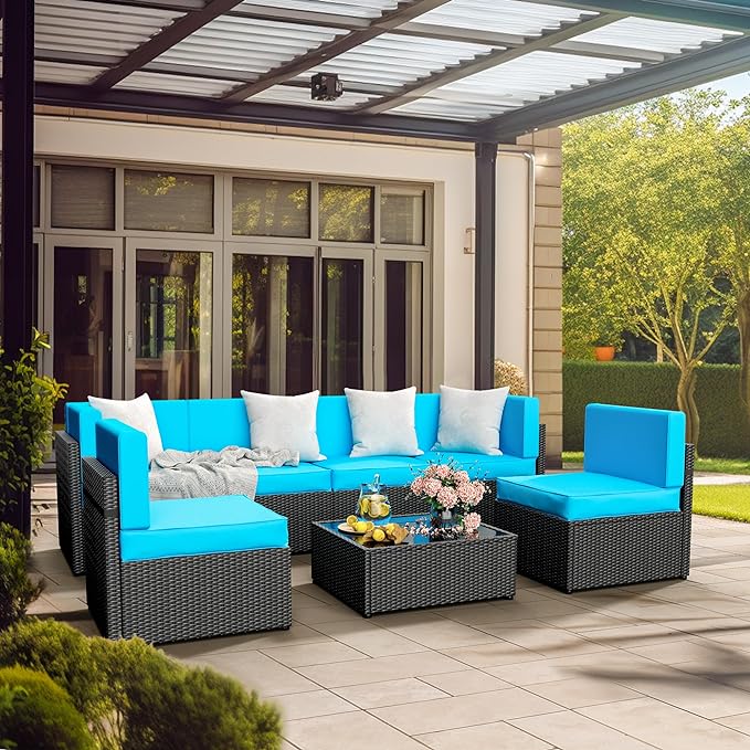 Pamapic 7-Piece Outdoor Furniture,All-Weather Wicker Modular Sectional Sofa with Patio Crystal Coffee Table, Adjustable Reclining Sectional Couch with Washable Removable Cushion Covers, Light Blue - LeafyLoom