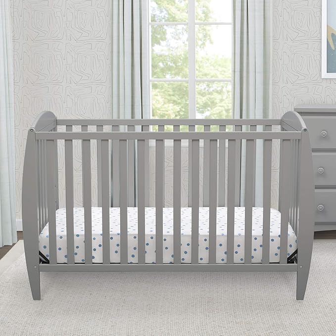 Delta Children Twinkle 4-in-1 Convertible Baby Crib, Sustainable New Zealand Wood, Grey and Delta Children Twinkle Galaxy Dual Sided Recycled Fiber Core Crib and Toddler Mattress (Bundle) - LeafyLoom