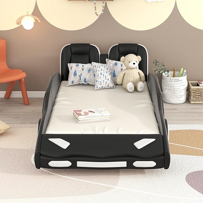 Twin Size Race Car Bed, PU Car-Shaped Bed Frame with Wheels and Guardrails for Kids,Boys,Wood Slat Support, No Box Spring Needed,Black - LeafyLoom