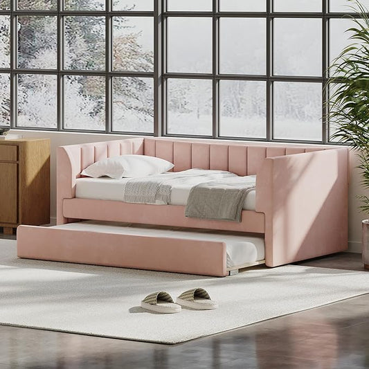 Twin Size Upholstered Velvet Daybed with Trundle,Wood Bed Frame w/ 2 Armrests,Slat Support,No Box Spring Needed,for Small Living Spaces and Accommodating Guests,Pink - LeafyLoom