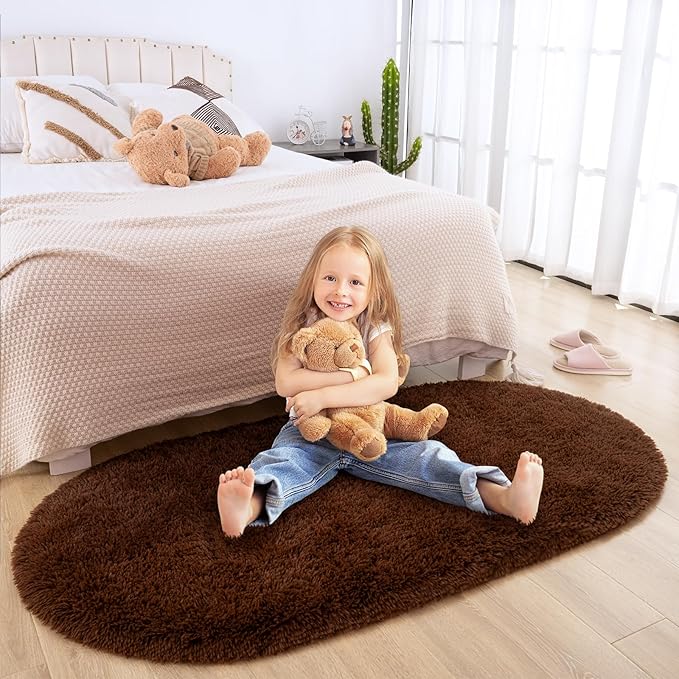 Merelax Soft Shaggy Rug for Kids Bedroom Oval 2.6'x5.3' Brown Plush Fluffy Carpet for Living Room, Furry Carpet for Teen Girls Room, Anti-skid Fuzzy Comfy Rug for Nursery Decor Cute Baby Play Mat - LeafyLoom