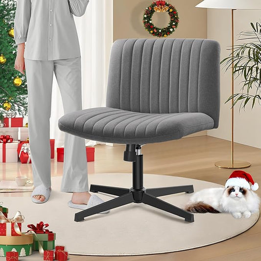 Armless Office Chair no Wheels, Ergonomic Wide Seat Swivel Desk Chair, Height Adjustable Cross Legged Comfortable Computer Chair for Living Room, Vanity Accent Chair Darkgray - LeafyLoom