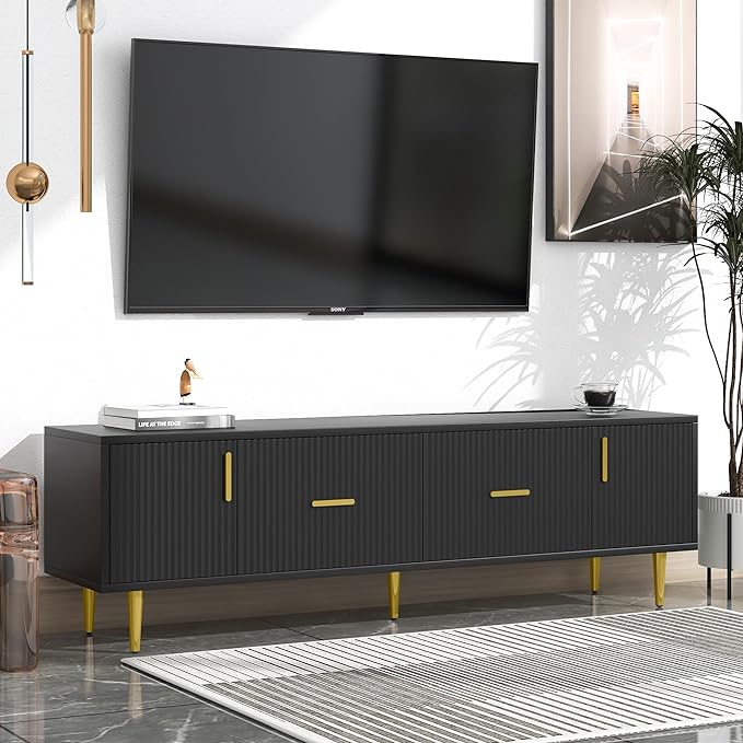 67 Inch TV Stand, Modern Television Stands with 2 Drawers and 2 Cabinets, Stylish Entertainment Center with 5 Champagne Legs for Living Room and Bedroom, Black - LeafyLoom